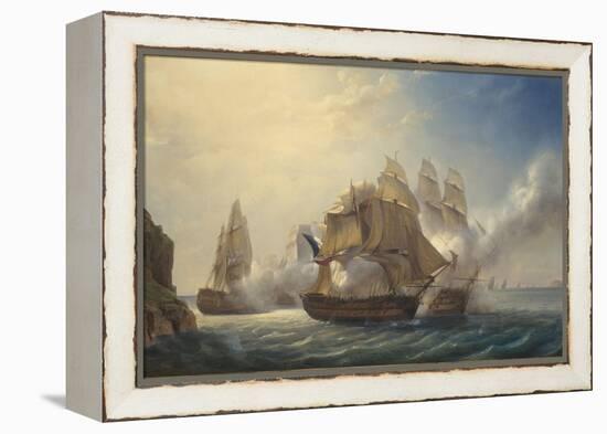 Combat du vaisseaux français le Romulus contre trois vaisseaux anglais à l'entrée de la rade de-Pierre Julien Gilbert-Framed Premier Image Canvas