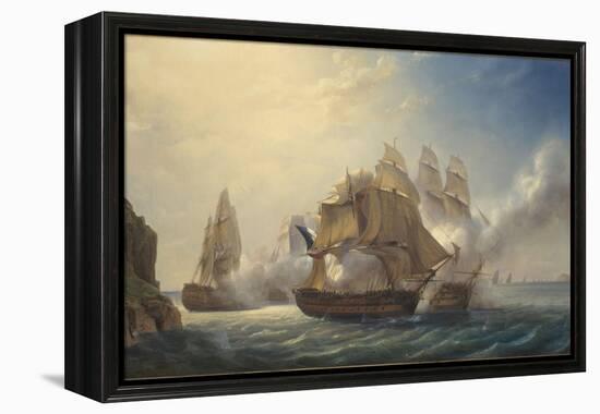 Combat du vaisseaux français le Romulus contre trois vaisseaux anglais à l'entrée de la rade de-Pierre Julien Gilbert-Framed Premier Image Canvas