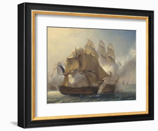 Combat du vaisseaux français le Romulus contre trois vaisseaux anglais à l'entrée de la rade de-Pierre Julien Gilbert-Framed Giclee Print