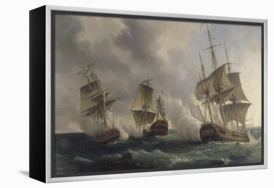 Combat naval entre les frégates françaises la Nymphe et l'Amphitrite commandées par le vicomte de-Pierre Julien Gilbert-Framed Premier Image Canvas