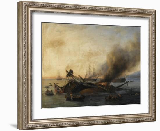 Combat naval entre une division française et anglaise en vue de l'île de la-Pierre Julien Gilbert-Framed Giclee Print