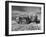 Combines and Crews Harvesting Wheat, Loading into Trucks to Transport to Storage-Joe Scherschel-Framed Premium Photographic Print