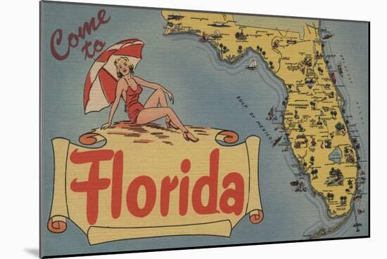 Come to Florida Map of the State, Pin-Up Girl - Florida-Lantern Press-Mounted Art Print