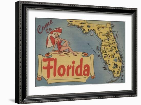 Come to Florida Map of the State, Pin-Up Girl - Florida-Lantern Press-Framed Art Print