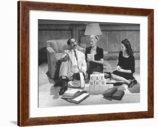 Comedian Groucho Marx Playing a Game with Two Women-null-Framed Photographic Print