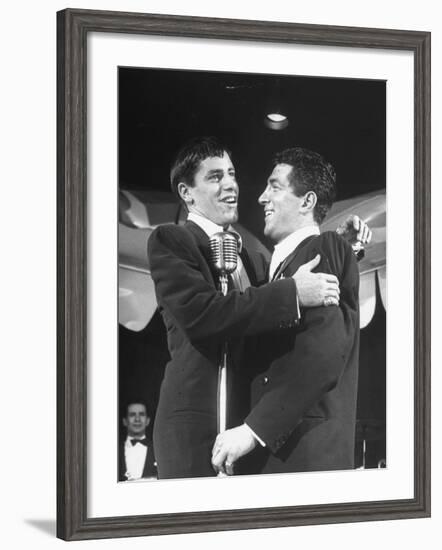 Comedian Jerry Lewis Singing with His Partner Dean Martin, at the Copacabana-Ralph Morse-Framed Premium Photographic Print