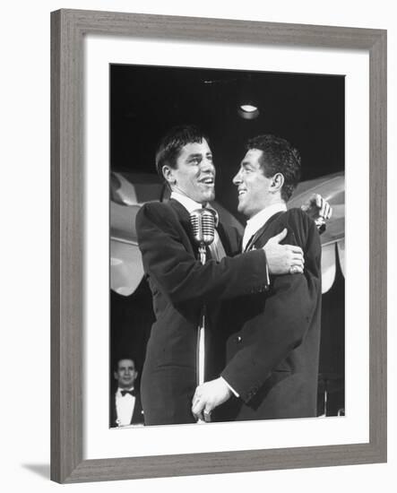 Comedian Jerry Lewis Singing with His Partner Dean Martin, at the Copacabana-Ralph Morse-Framed Premium Photographic Print