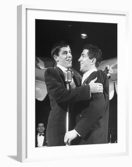 Comedian Jerry Lewis Singing with His Partner Dean Martin, at the Copacabana-Ralph Morse-Framed Premium Photographic Print