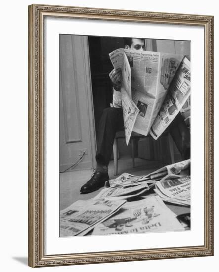 Comedian Mort Sahl at Home Reading Newspaper-Grey Villet-Framed Premium Photographic Print