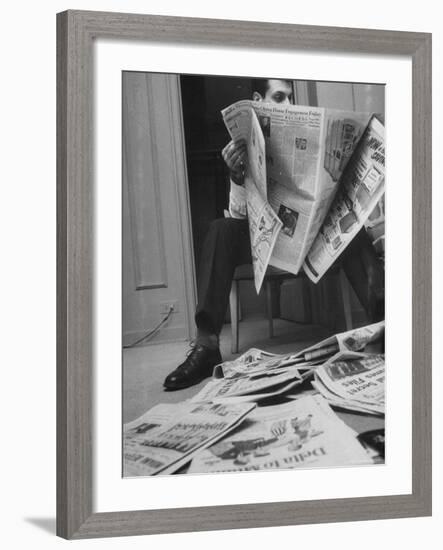 Comedian Mort Sahl at Home Reading Newspaper-Grey Villet-Framed Premium Photographic Print