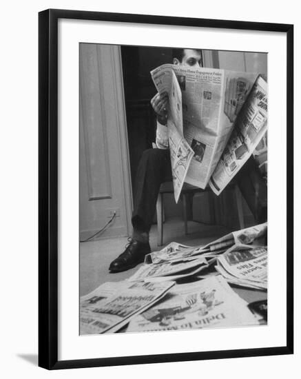 Comedian Mort Sahl at Home Reading Newspaper-Grey Villet-Framed Premium Photographic Print