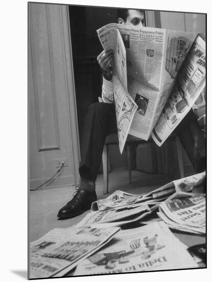 Comedian Mort Sahl at Home Reading Newspaper-Grey Villet-Mounted Premium Photographic Print