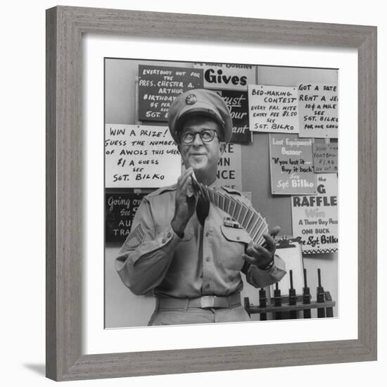 Comedian Phil Silvers Shuffling Cards on His Television Show-Yale Joel-Framed Premium Photographic Print