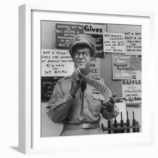 Comedian Phil Silvers Shuffling Cards on His Television Show-Yale Joel-Framed Premium Photographic Print