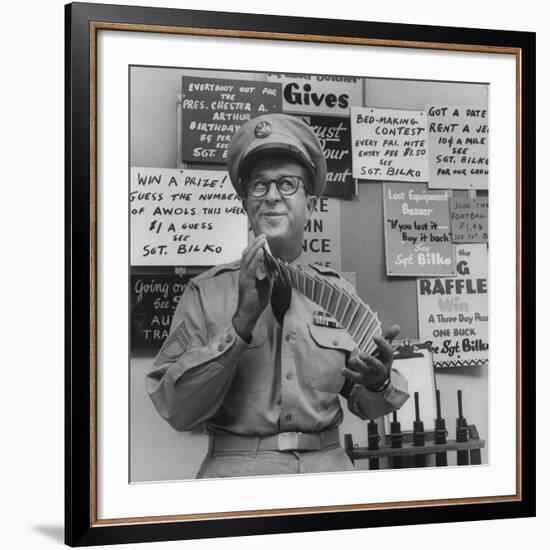 Comedian Phil Silvers Shuffling Cards on His Television Show-Yale Joel-Framed Premium Photographic Print