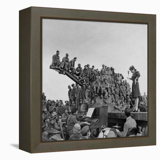 Comedienne Martha Raye on Stage for a Rapt Audience of Amer. Soldiers During USO-Camp Shows-Margaret Bourke-White-Framed Premier Image Canvas