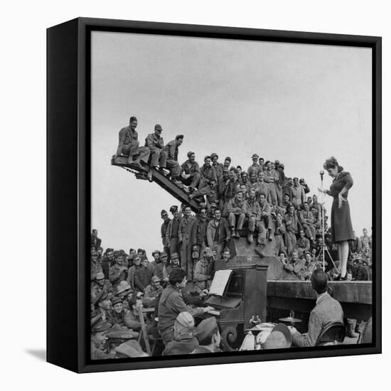 Comedienne Martha Raye on Stage for a Rapt Audience of Amer. Soldiers During USO-Camp Shows-Margaret Bourke-White-Framed Premier Image Canvas