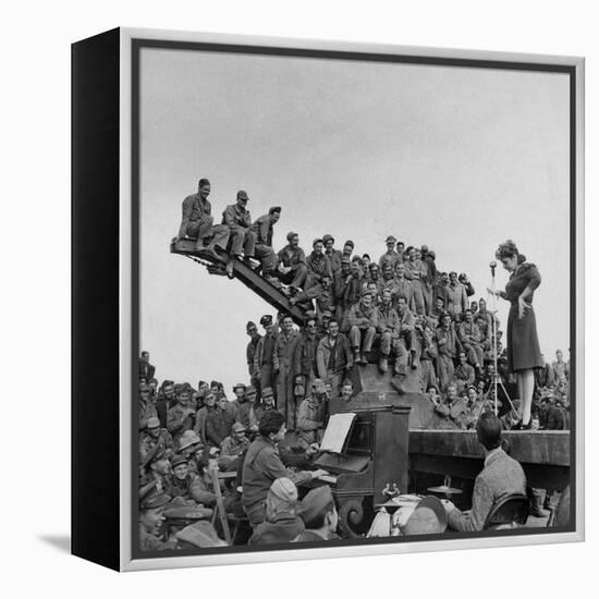 Comedienne Martha Raye on Stage for a Rapt Audience of Amer. Soldiers During USO-Camp Shows-Margaret Bourke-White-Framed Premier Image Canvas