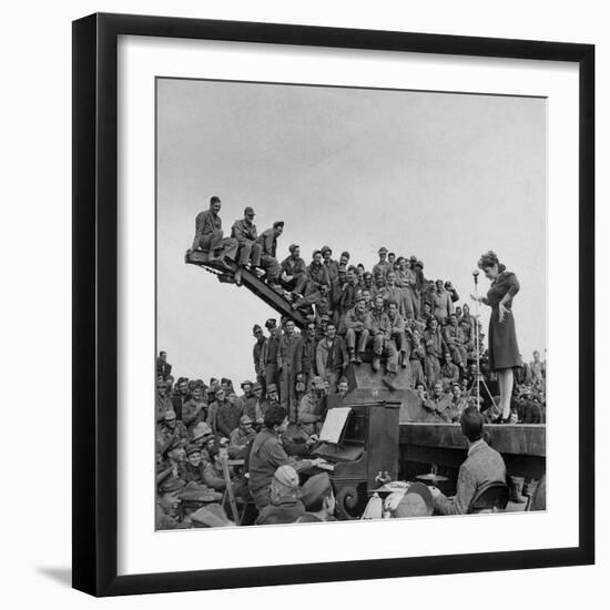 Comedienne Martha Raye on Stage for a Rapt Audience of Amer. Soldiers During USO-Camp Shows-Margaret Bourke-White-Framed Premium Photographic Print