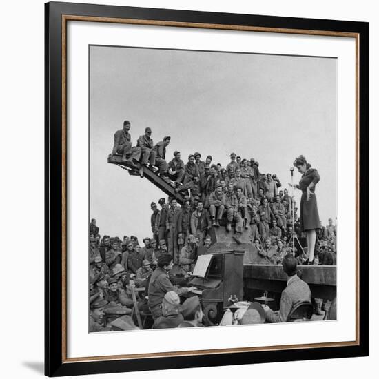 Comedienne Martha Raye on Stage for a Rapt Audience of Amer. Soldiers During USO-Camp Shows-Margaret Bourke-White-Framed Premium Photographic Print