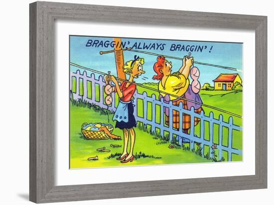 Comic Cartoon - Bragging, Always Bragging; Women Hang Different Sized Bra on Line-Lantern Press-Framed Art Print