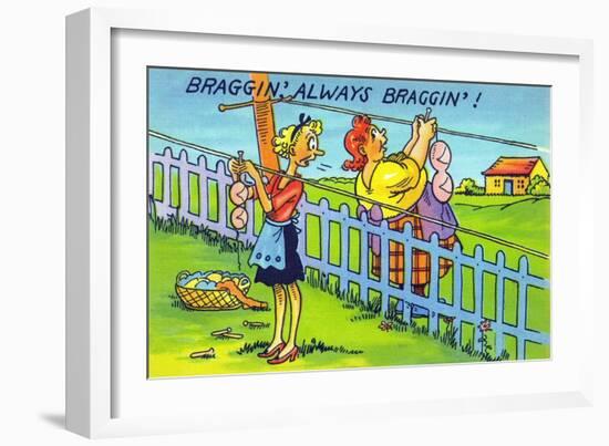 Comic Cartoon - Bragging, Always Bragging; Women Hang Different Sized Bra on Line-Lantern Press-Framed Art Print