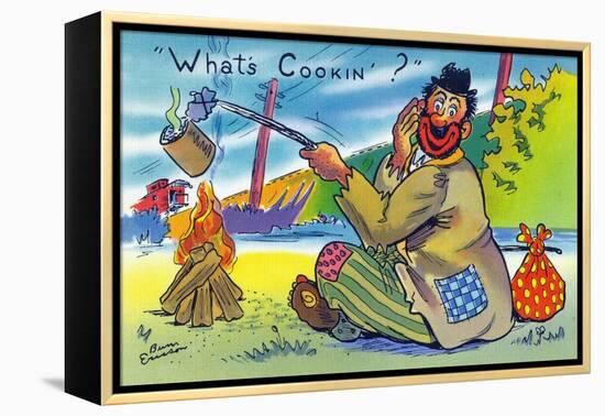 Comic Cartoon - Bum Cooking A Can; What's Cookin?-Lantern Press-Framed Stretched Canvas