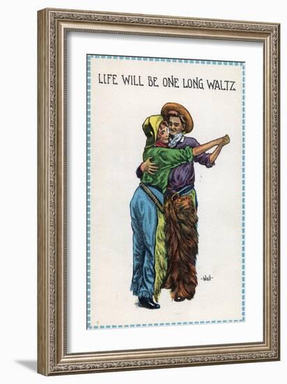 Comic Cartoon - Cowgirl and Cowboy Dancing; Life's Gonna Be One Long Waltz-Lantern Press-Framed Art Print