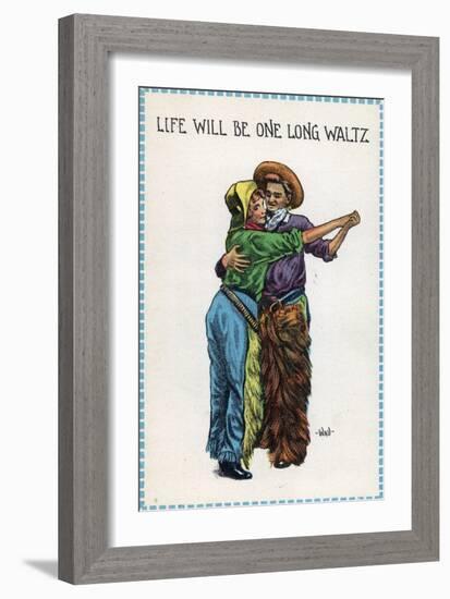 Comic Cartoon - Cowgirl and Cowboy Dancing; Life's Gonna Be One Long Waltz-Lantern Press-Framed Art Print