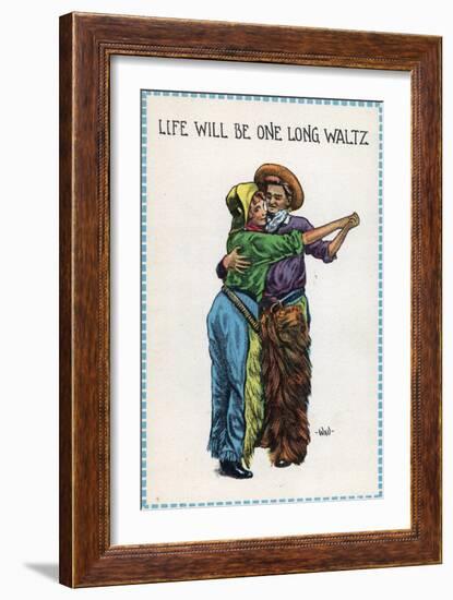 Comic Cartoon - Cowgirl and Cowboy Dancing; Life's Gonna Be One Long Waltz-Lantern Press-Framed Art Print