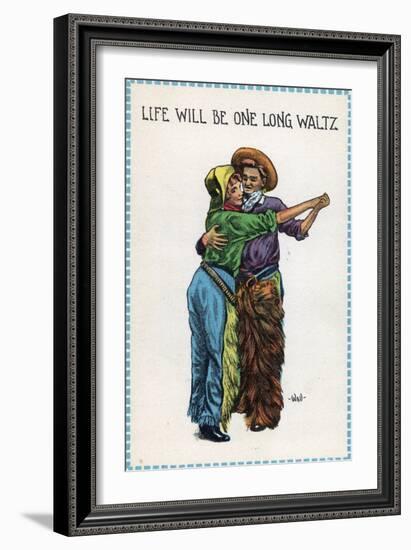 Comic Cartoon - Cowgirl and Cowboy Dancing; Life's Gonna Be One Long Waltz-Lantern Press-Framed Art Print