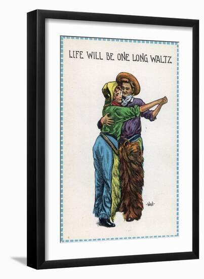 Comic Cartoon - Cowgirl and Cowboy Dancing; Life's Gonna Be One Long Waltz-Lantern Press-Framed Premium Giclee Print