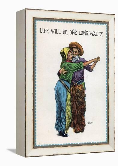 Comic Cartoon - Cowgirl and Cowboy Dancing; Life's Gonna Be One Long Waltz-Lantern Press-Framed Stretched Canvas