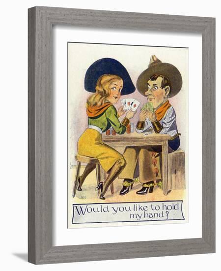 Comic Cartoon - Cowgirl and Cowboy Playing Poker, Cowgirl Wants You to Hold Her Hand-Lantern Press-Framed Art Print