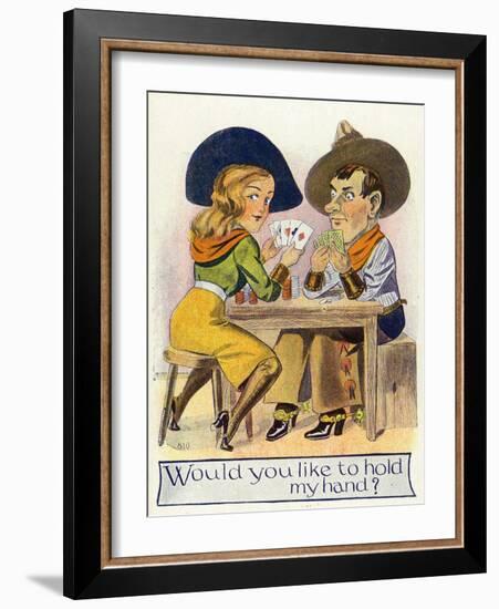 Comic Cartoon - Cowgirl and Cowboy Playing Poker, Cowgirl Wants You to Hold Her Hand-Lantern Press-Framed Art Print