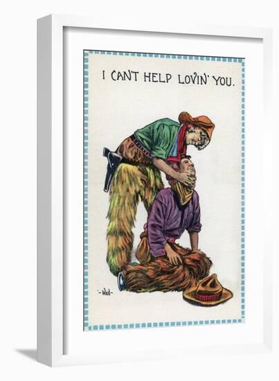 Comic Cartoon - Cowgirl Holds Cowboy by Neck; I Can't Help Lovin' You-Lantern Press-Framed Art Print