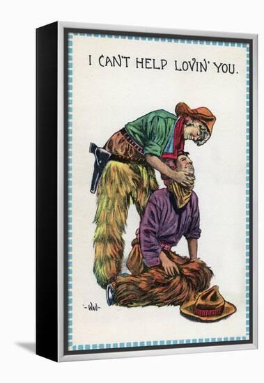 Comic Cartoon - Cowgirl Holds Cowboy by Neck; I Can't Help Lovin' You-Lantern Press-Framed Stretched Canvas