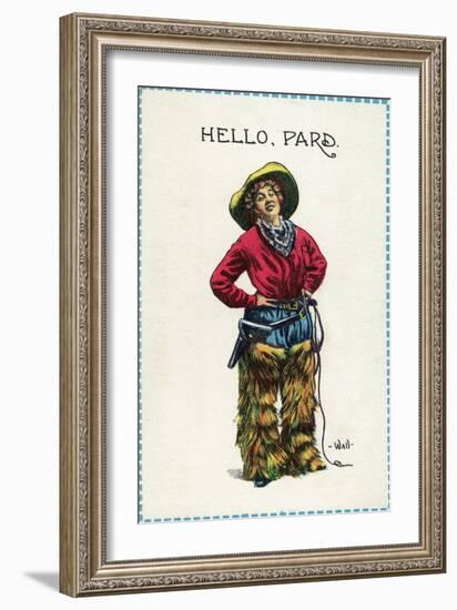 Comic Cartoon - Cowgirl Saying Hello, Pard-Lantern Press-Framed Art Print