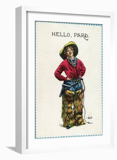 Comic Cartoon - Cowgirl Saying Hello, Pard-Lantern Press-Framed Art Print