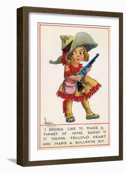 Comic Cartoon - Cowgirl Wants to Make a Bull's Eye with a Dandy's Heart-Lantern Press-Framed Art Print