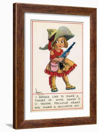 Comic Cartoon - Cowgirl Wants to Make a Bull's Eye with a Dandy's Heart-Lantern Press-Framed Art Print