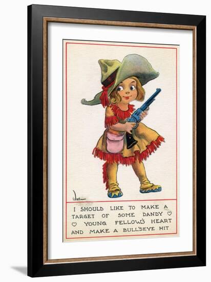 Comic Cartoon - Cowgirl Wants to Make a Bull's Eye with a Dandy's Heart-Lantern Press-Framed Art Print