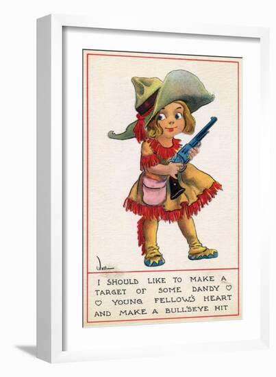 Comic Cartoon - Cowgirl Wants to Make a Bull's Eye with a Dandy's Heart-Lantern Press-Framed Art Print