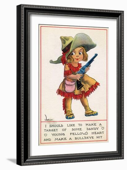 Comic Cartoon - Cowgirl Wants to Make a Bull's Eye with a Dandy's Heart-Lantern Press-Framed Art Print