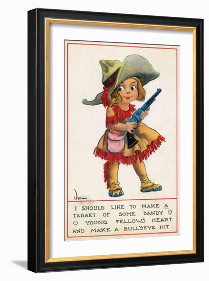 Comic Cartoon - Cowgirl Wants to Make a Bull's Eye with a Dandy's Heart-Lantern Press-Framed Art Print