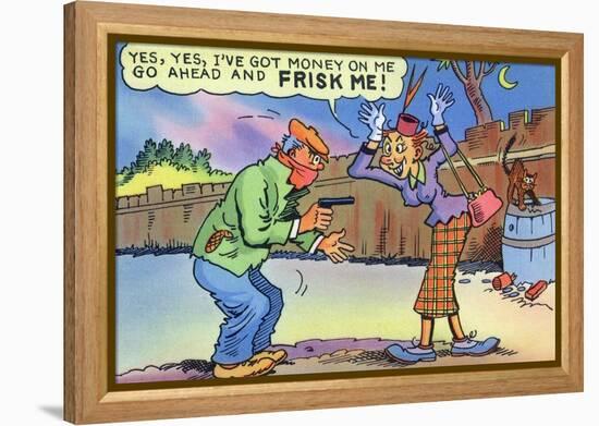 Comic Cartoon - Dirty Old Lady Wants Robber to Frisk Her-Lantern Press-Framed Stretched Canvas