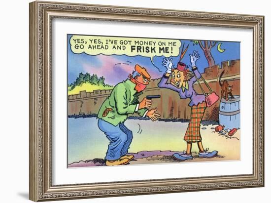 Comic Cartoon - Dirty Old Lady Wants Robber to Frisk Her-Lantern Press-Framed Art Print