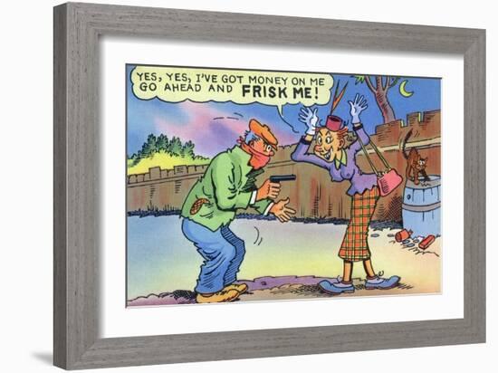 Comic Cartoon - Dirty Old Lady Wants Robber to Frisk Her-Lantern Press-Framed Art Print