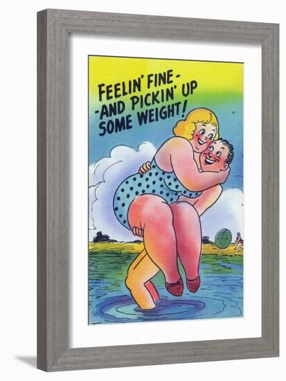 Comic Cartoon - Feelin' Fine and Picking Up Weight; Man Lifts Big Girl-Lantern Press-Framed Art Print