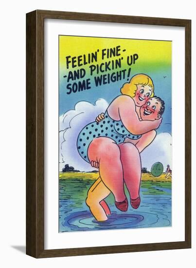 Comic Cartoon - Feelin' Fine and Picking Up Weight; Man Lifts Big Girl-Lantern Press-Framed Art Print